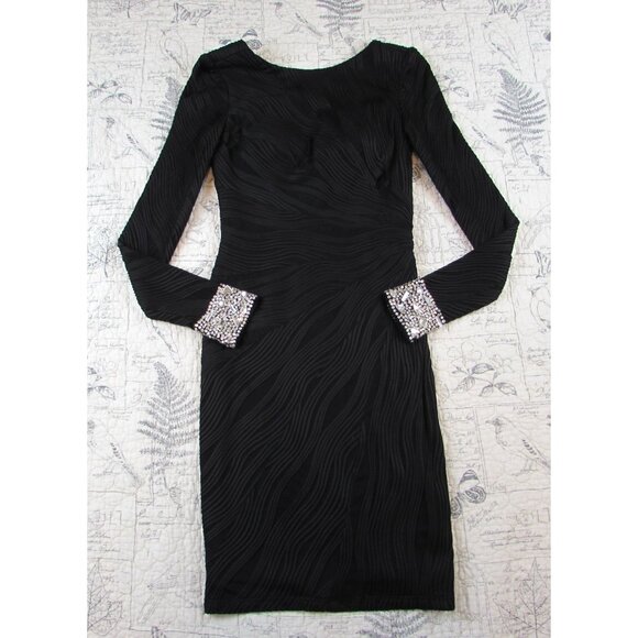 EUC $595 Jovani Black Textured Long Slv fitted sheath Midi Dress beaded cuff 4 - Picture 6 of 14